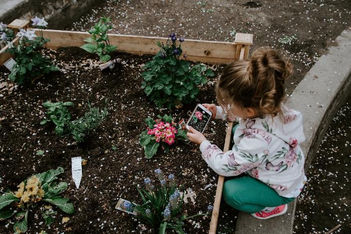 Petite fille apprenant la flore dans le jardin familial
